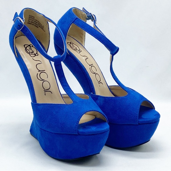 Sugar Cobalt Blue Giggles Faux Suede High Heels T-Strap 6 - Picture 1 of 9